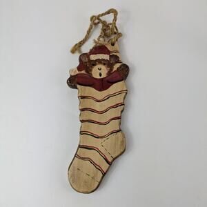10" Wood Christmas Decoration Teddy Bear Stocking Santa Hat Signed Vintage 1988